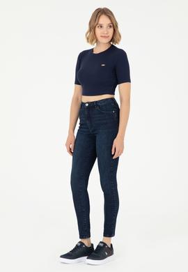 Kadın Lacivert Bisiklet Yaka Crop Tişört - 50281813031