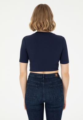 Kadın Lacivert Bisiklet Yaka Crop Tişört - 50281813031