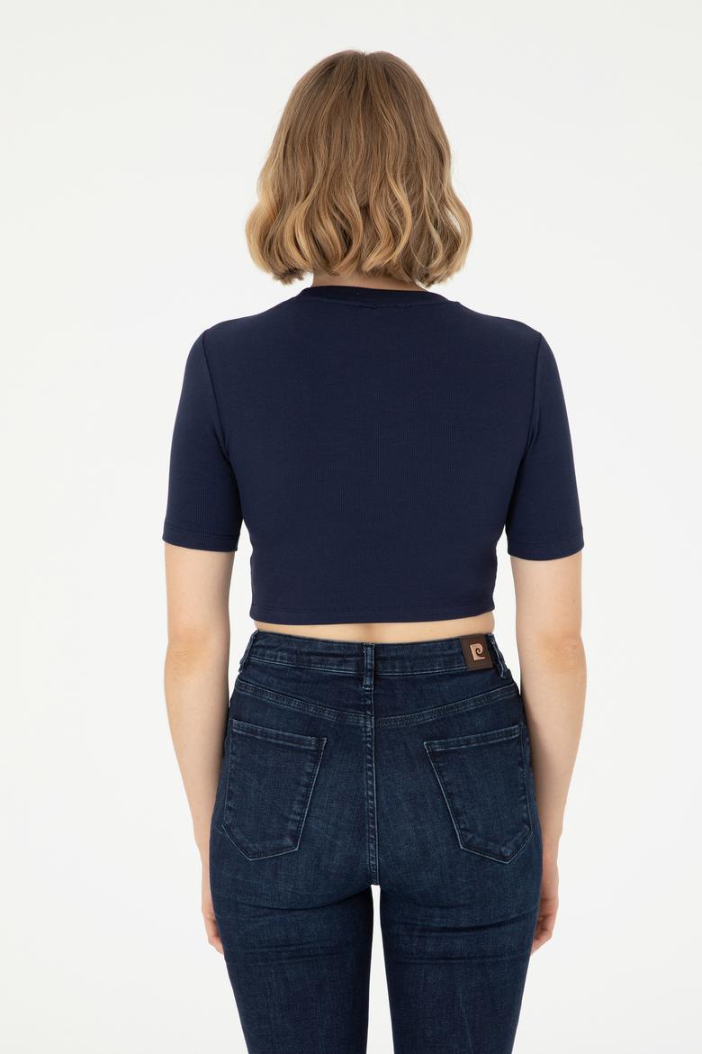 Kadın Lacivert Bisiklet Yaka Crop Tişört - 50281813031