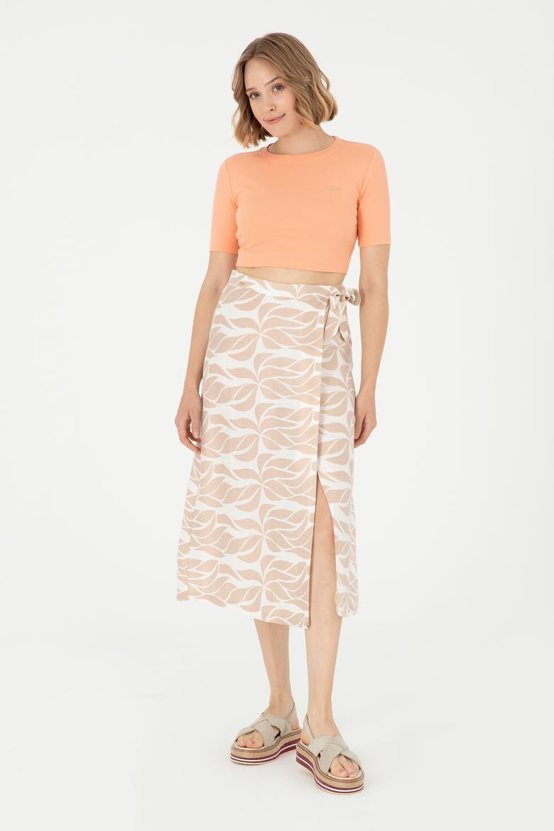 Kadın Somon Bisiklet Yaka Crop Tişört - 50281813009