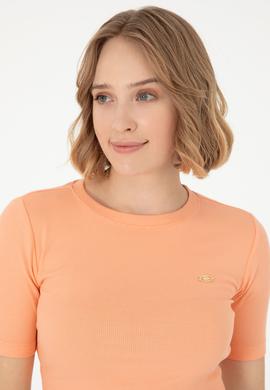 Kadın Somon Bisiklet Yaka Crop Tişört - 50281813009