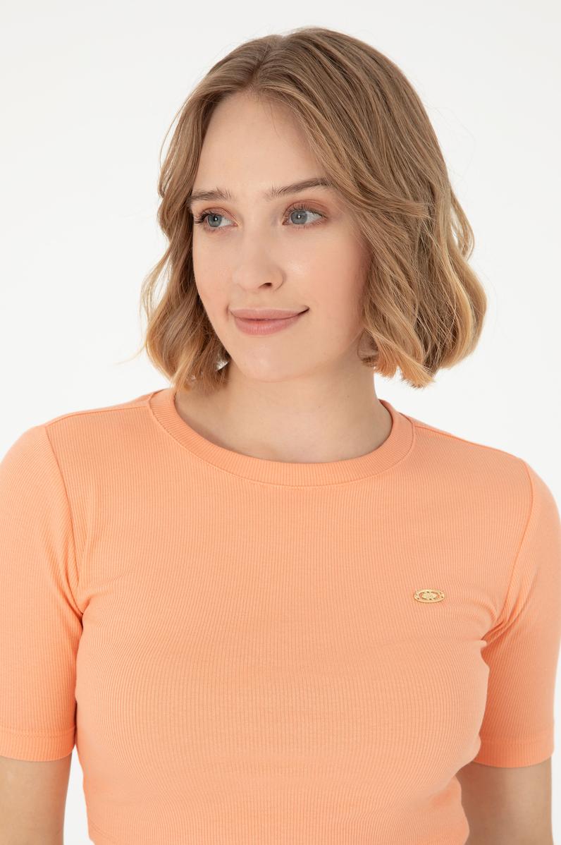 Kadın Somon Bisiklet Yaka Crop Tişört