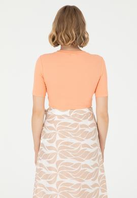 Kadın Somon Bisiklet Yaka Crop Tişört - 50281813009