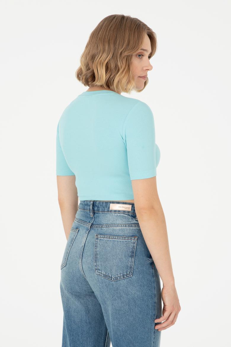 Kadın Mint Bisiklet Yaka Crop Tişört - 50281813038