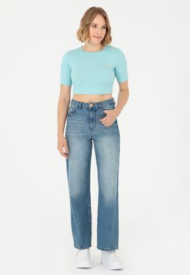 Kadın Mint Bisiklet Yaka Crop Tişört - 50281813038