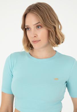 Kadın Mint Bisiklet Yaka Crop Tişört - 50281813038