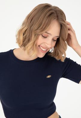 Kadın Lacivert Bisiklet Yaka Crop Tişört - 50281813031