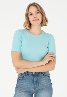 Kadın Mint Bisiklet Yaka Crop Tişört - 50281813038