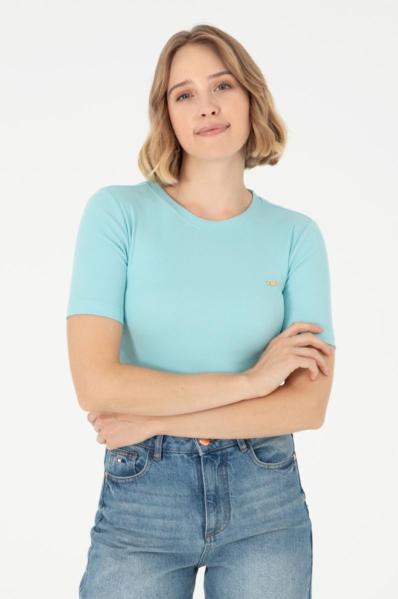 Kadın Mint Bisiklet Yaka Crop Tişört