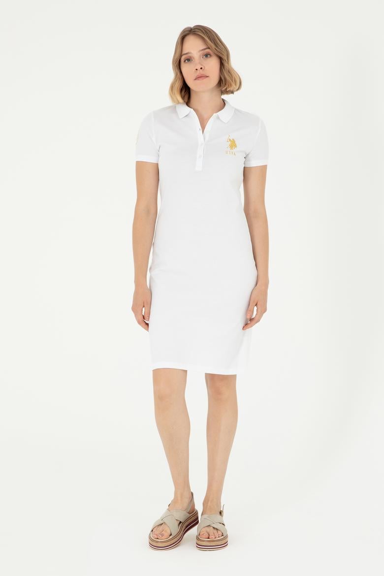 Kadın Beyaz Polo Yaka Mini Boy Örme Elbise
