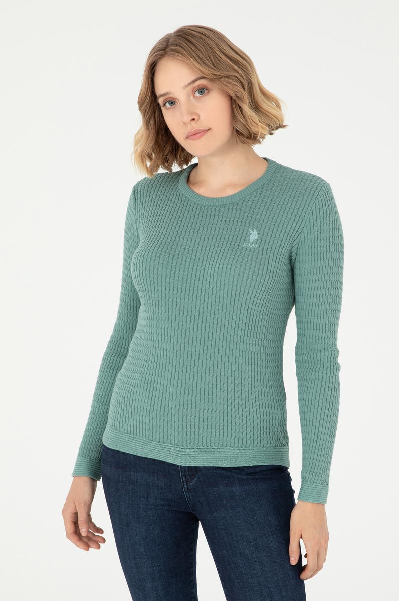 Kadın Mint Bisiklet Yaka Basic Kazak