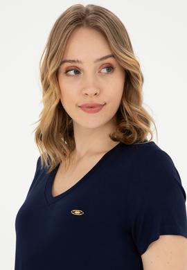 Kadın Lacivert V Yaka Basic Tişört - 50280019139