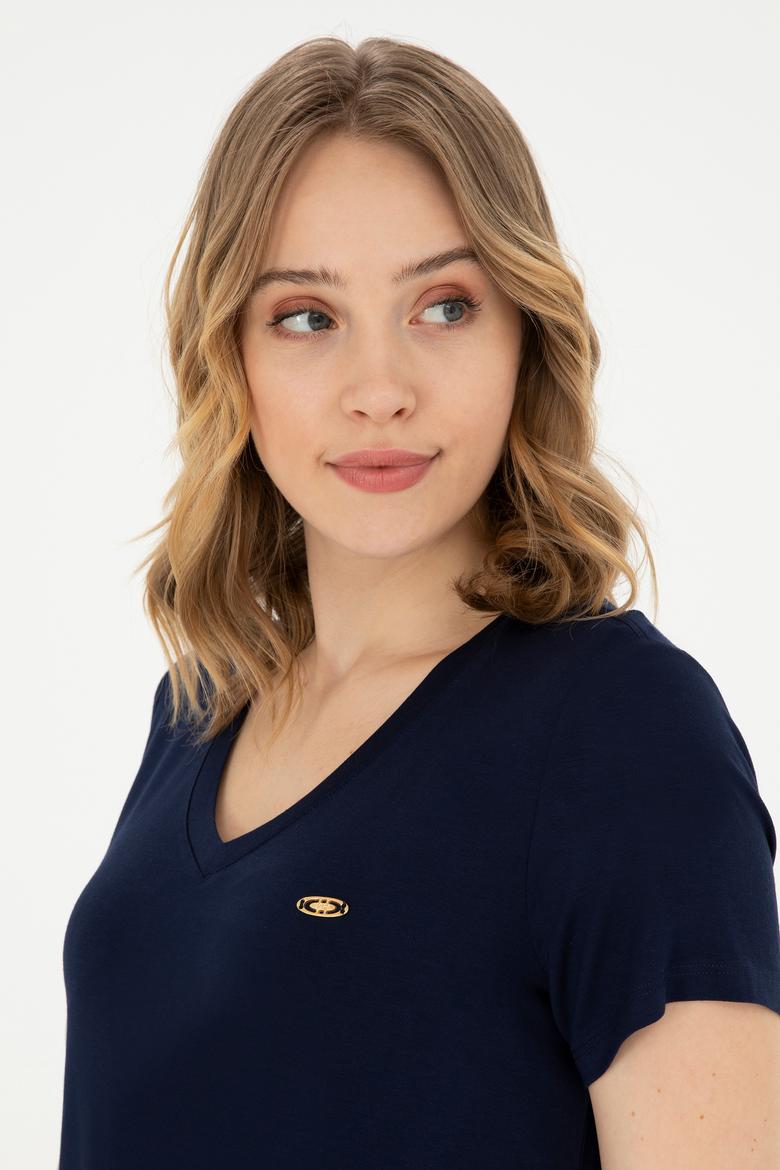 Kadın Lacivert V Yaka Basic Tişört - 50280019139