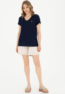 Kadın Lacivert V Yaka Basic Tişört - 50280019139