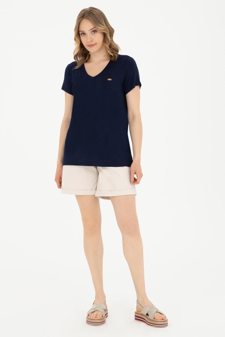 Kadın Lacivert V Yaka Basic Tişört - 50280019139