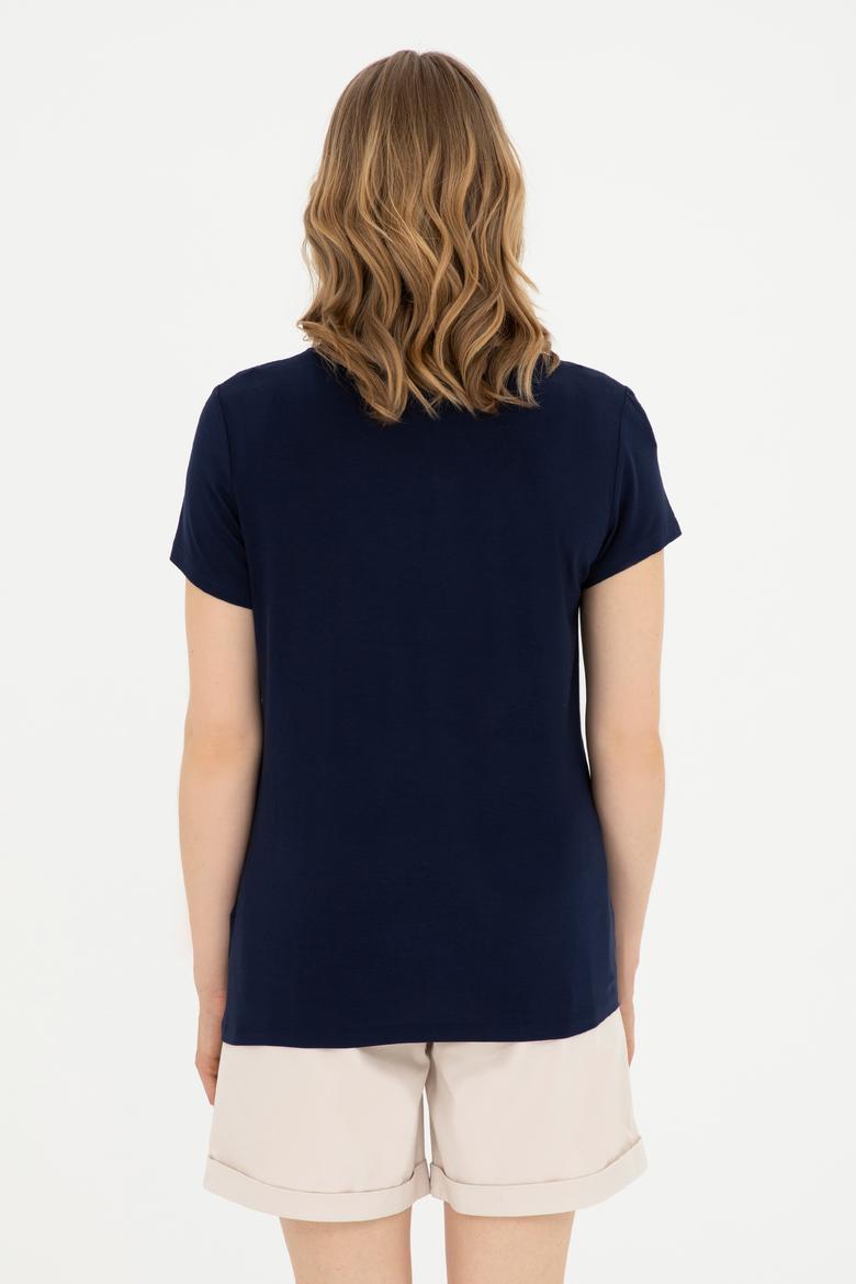 Kadın Lacivert V Yaka Basic Tişört - 50280019139