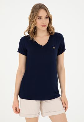 Kadın Lacivert V Yaka Basic Tişört - 50280019139