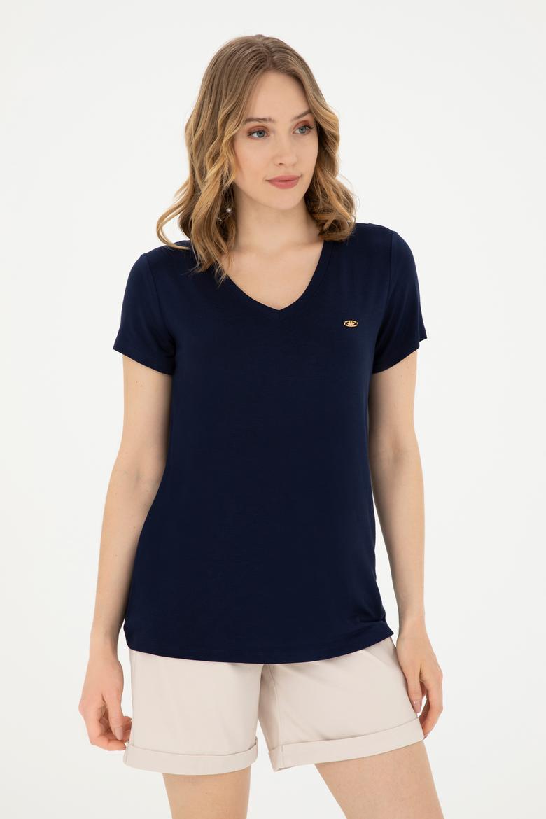 Kadın Lacivert V Yaka Basic Tişört - 50280019139