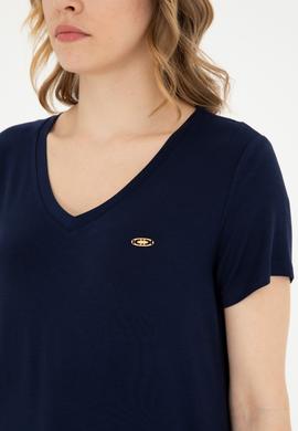 Kadın Lacivert V Yaka Basic Tişört - 50280019139