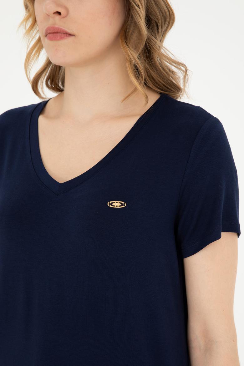 Kadın Lacivert V Yaka Basic Tişört - 50280019139
