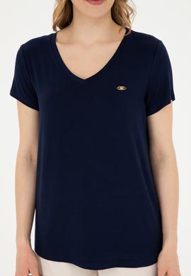 Kadın Lacivert V Yaka Basic Tişört - 50280019139