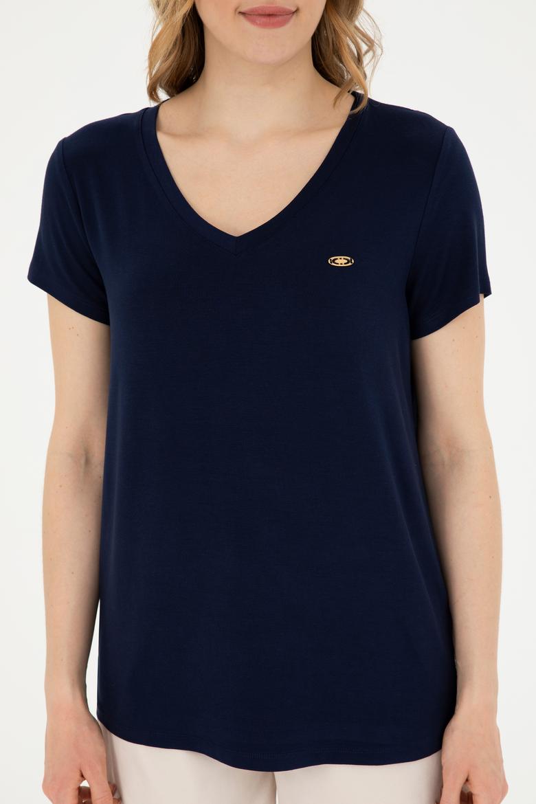 Kadın Lacivert V Yaka Basic Tişört - 50280019139