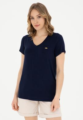 Kadın Lacivert V Yaka Basic Tişört - 50280019139