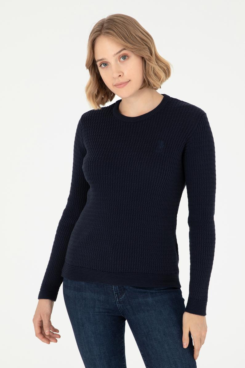 Kadın Lacivert Bisiklet Yaka Basic Kazak