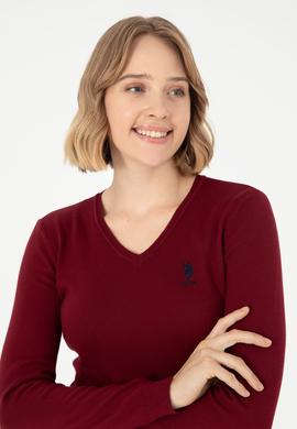 Kadın Bordo V Yaka Basic Kazak - 50288997005