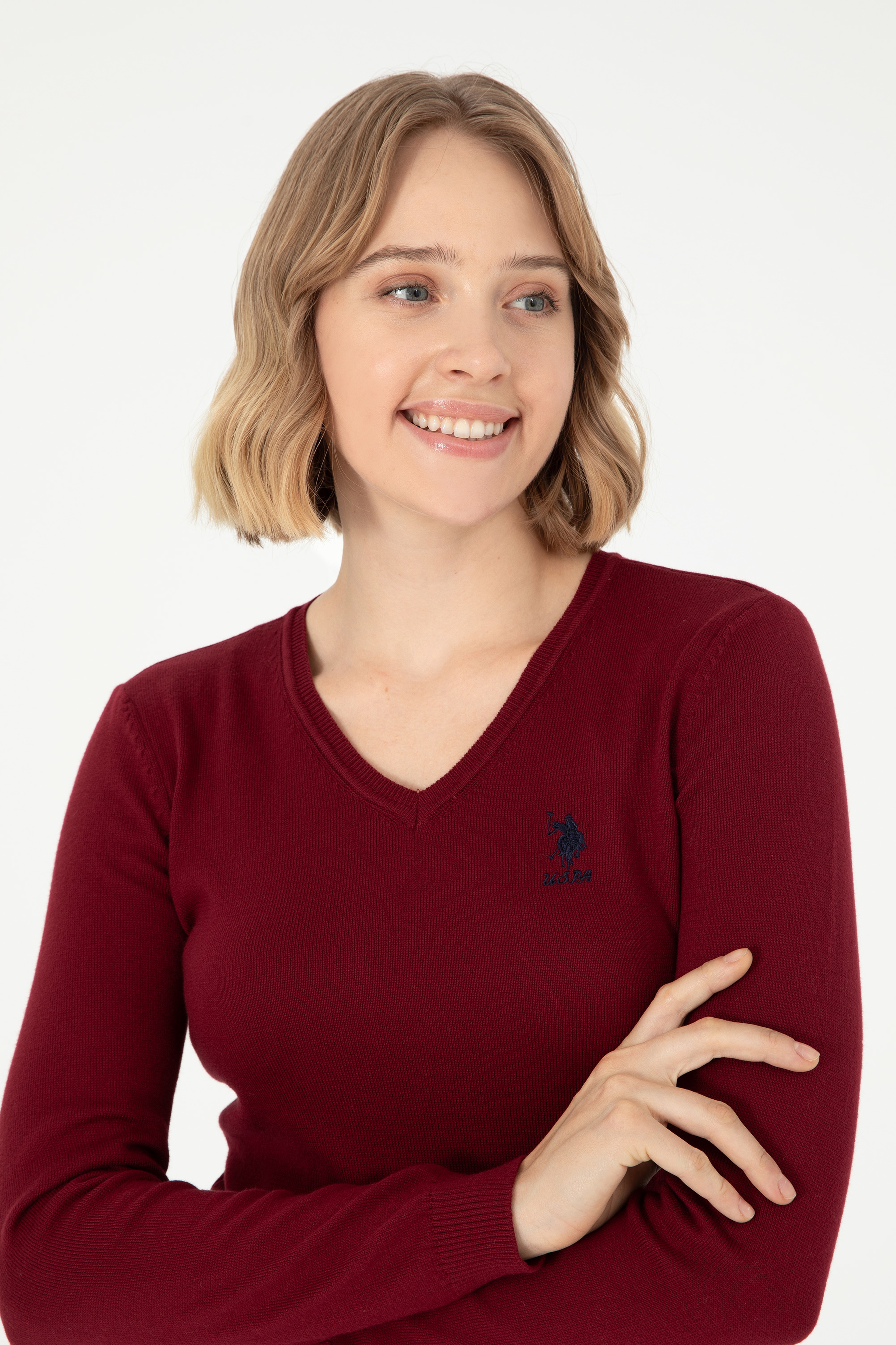 Kadın Bordo V Yaka Basic Kazak - Image 2
