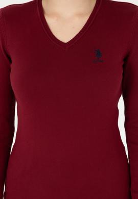 Kadın Bordo V Yaka Basic Kazak - 50288997005