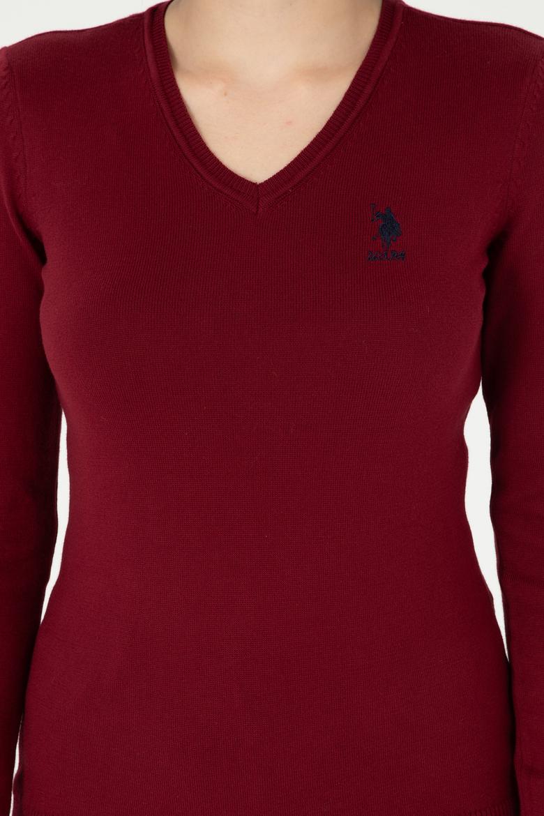 Kadın Bordo V Yaka Basic Kazak - 50288997005