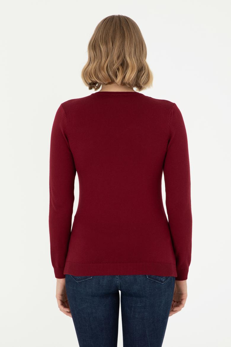 Kadın Bordo V Yaka Basic Kazak - 50288997005