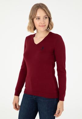 Kadın Bordo V Yaka Basic Kazak - 50288997005