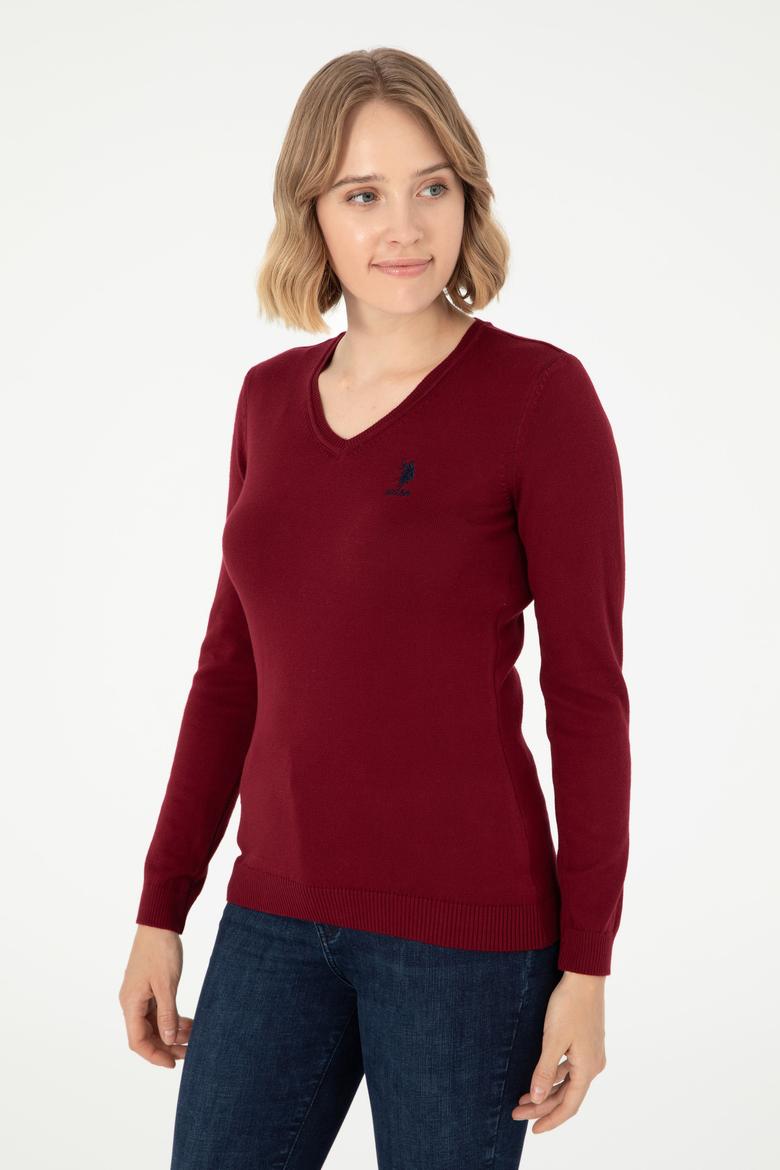 Kadın Bordo V Yaka Basic Kazak - 50288997005
