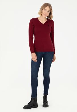 Kadın Bordo V Yaka Basic Kazak - 50288997005