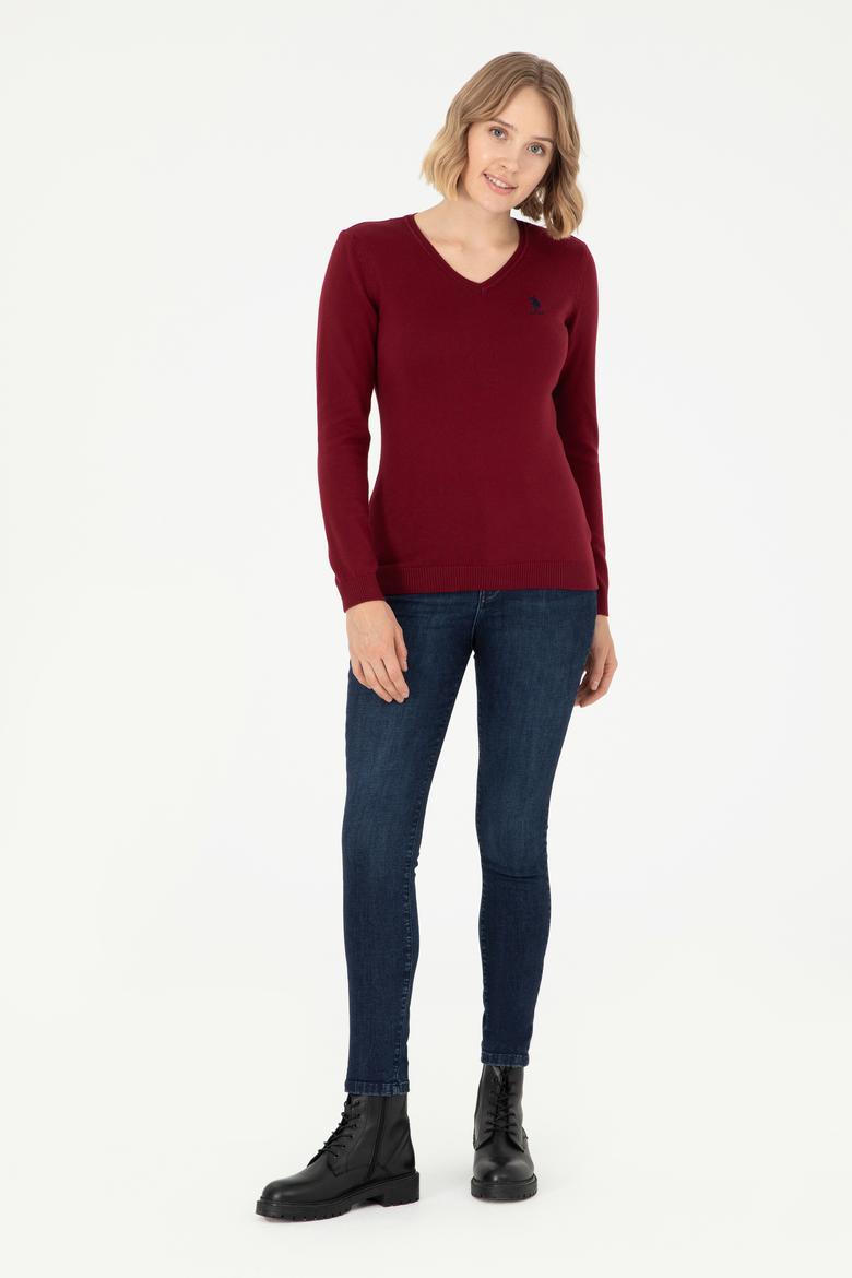 Kadın Bordo V Yaka Basic Kazak - 50288997005