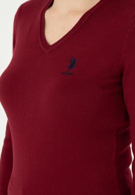 Kadın Bordo V Yaka Basic Kazak - 50288997005