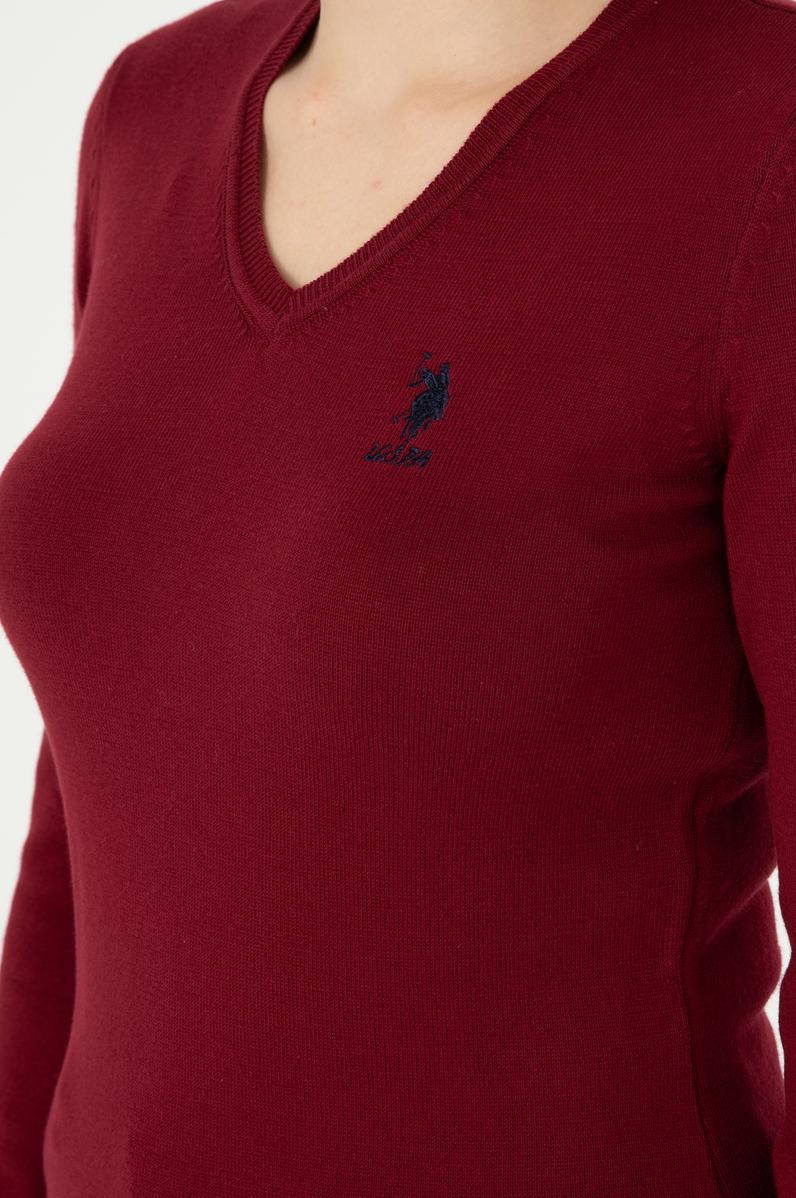 Kadın Bordo V Yaka Basic Kazak