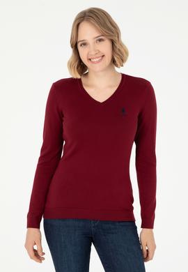 Kadın Bordo V Yaka Basic Kazak - 50288997005
