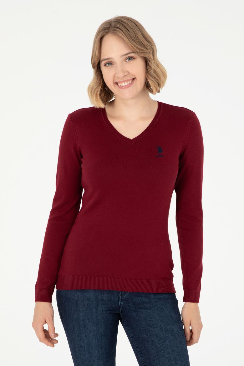 Kadın Bordo V Yaka Basic Kazak