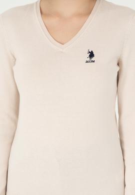 Kadın Krem Melanj V Yaka Basic Kazak - 50288997011