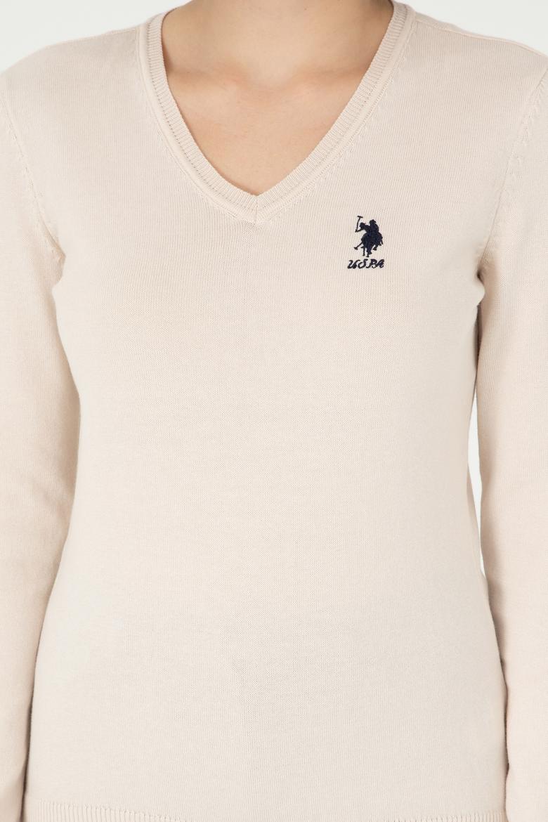 Kadın Krem Melanj V Yaka Basic Kazak - 50288997011