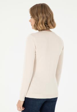 Kadın Krem Melanj V Yaka Basic Kazak - 50288997011