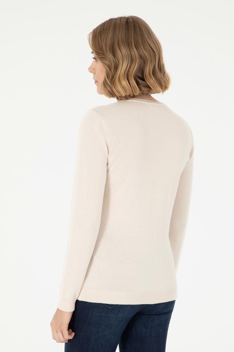 Kadın Krem Melanj V Yaka Basic Kazak - 50288997011