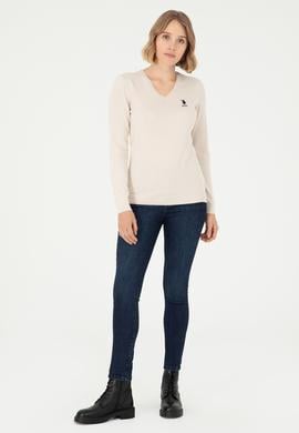 Kadın Krem Melanj V Yaka Basic Kazak - 50288997011
