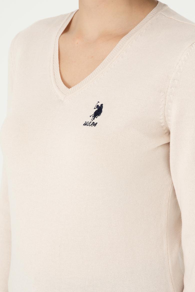 Kadın Krem Melanj V Yaka Basic Kazak - 50288997011