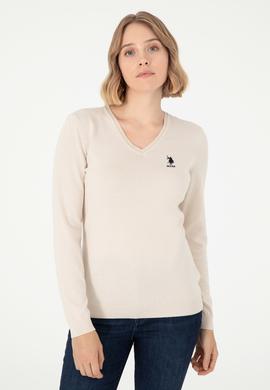 Kadın Krem Melanj V Yaka Basic Kazak - 50288997011