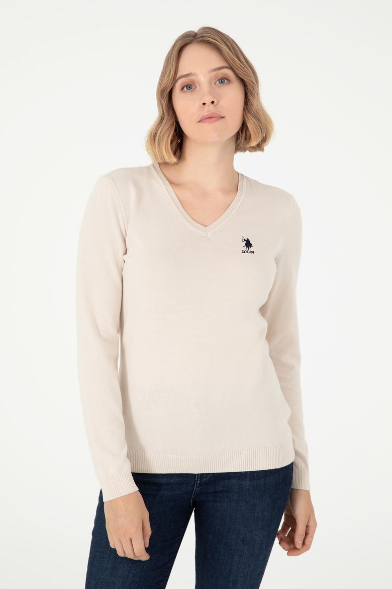 Kadın Krem Melanj V Yaka Basic Kazak - 50288997011