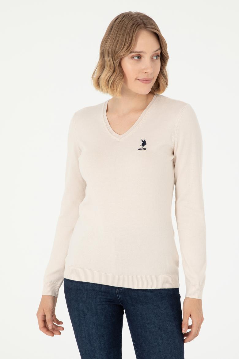 Kadın Krem Melanj V Yaka Basic Kazak